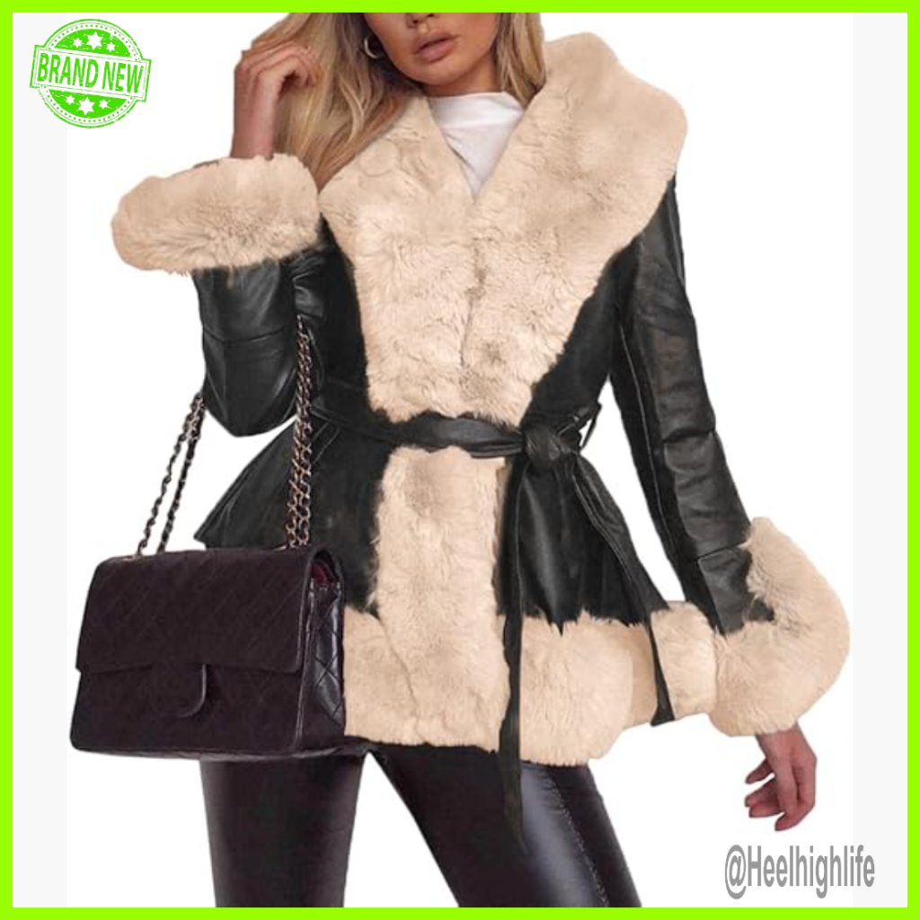 Faux Leather Parka Coat With Fur Collar, Belt, Long Sleeves, Winter Outerwear